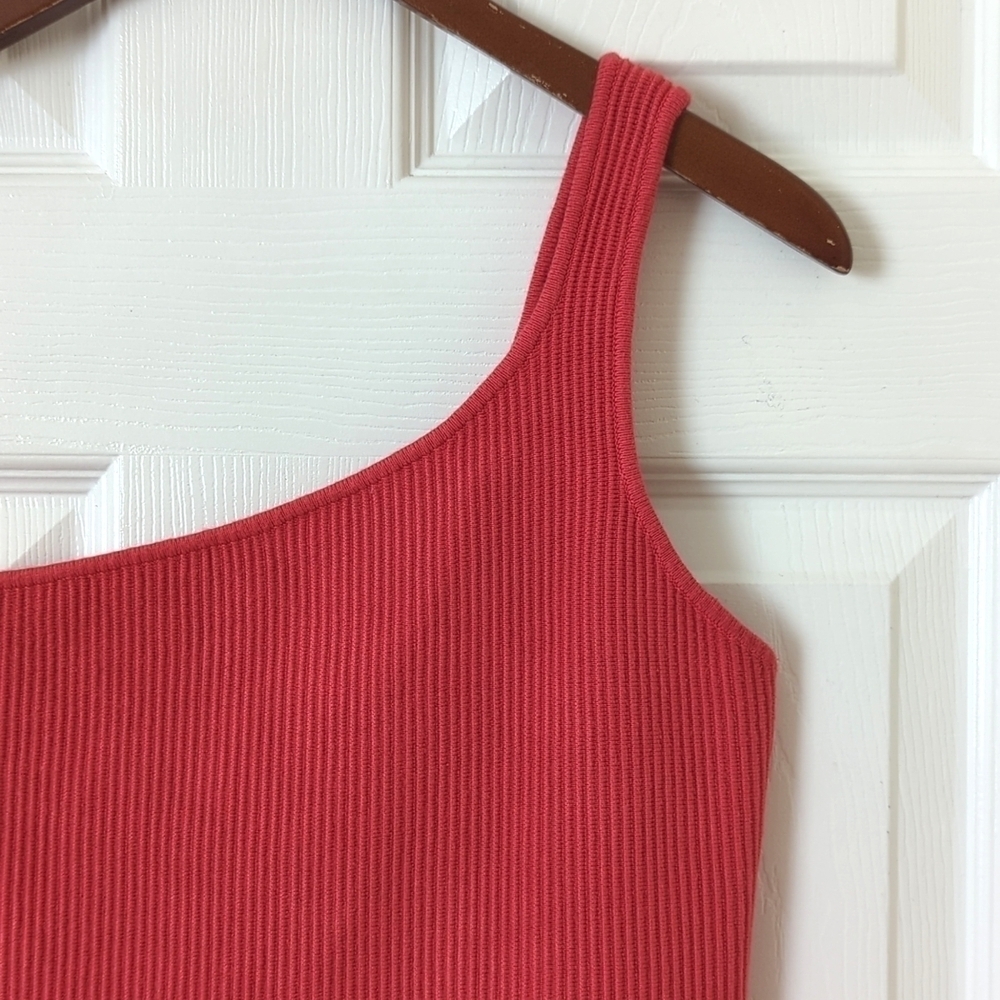 House Of Harlow 1960 Ribbed Knit One Shoulder Cropped Tank Top Coral Red Medium - Picture 3 of 9
